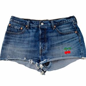 LEVIS 501 Embroidered cherry cut off denim shorts